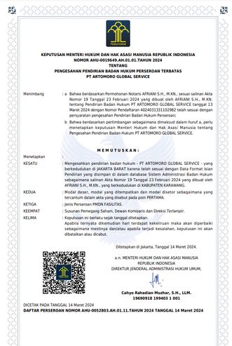 NIB / Perizinan Berusaha PT Artomoro Global Service