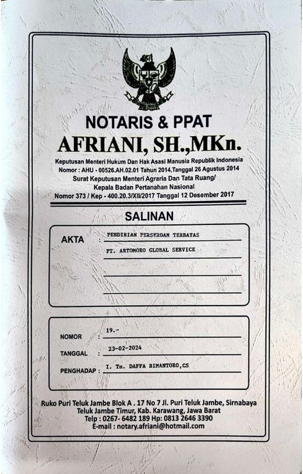Akta Pendirian Notaris PT Artomoro Global Service